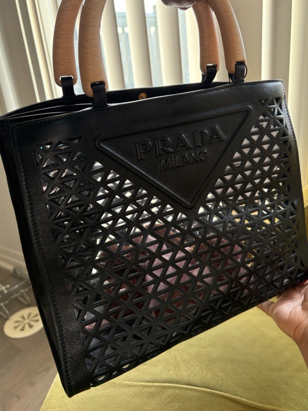 Prada Black Laser-Cut Leather Tote with Wooden Handles